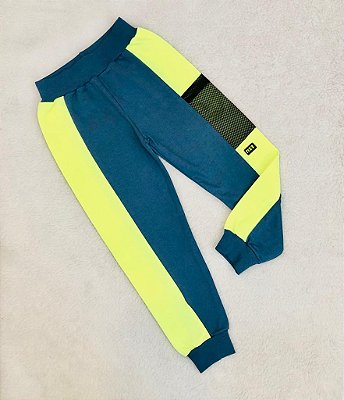 Calça de Infantil Moletom Felpada Azul com Neon