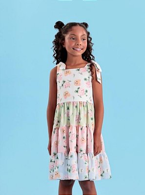Vestido Infantil de Festa Alça Ursinhos e Flores Petit Cherie