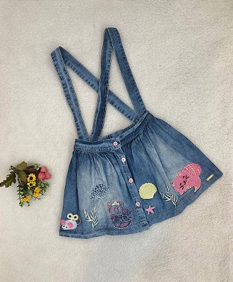 Saia Infantil Jeans Rodada com Bordados Sereia Mon Sucré