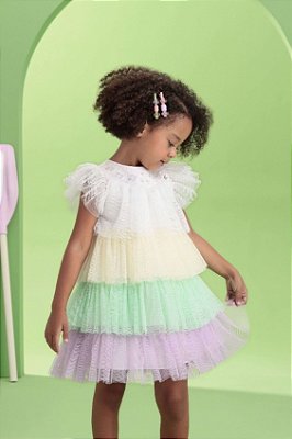 Vestido Infantil de Festa em Camadas Tule Colorido Petit Cherie