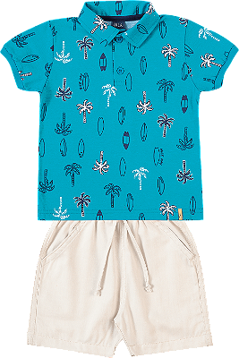 Conjunto Infantil Masculino com Camiseta Polo Turquesa