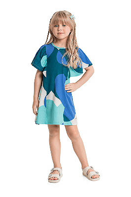 Vestido Infantil Casual da Quimby Azul Abstrato