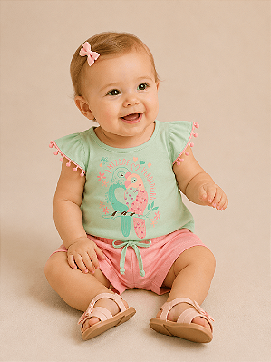 Conjunto Infantil Feminino de Verão Shorts Pom Pom