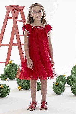 Vestido de Festa Infantil da Mon Sucré Vermelho Tule Bordado