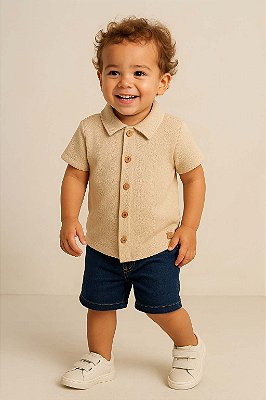 Camisa Infantil Masculina em Malha Trabalhada Bege
