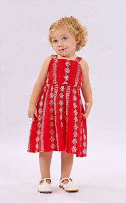 Vestido de Bebê e Infantil Vermelho Algodão Bordado