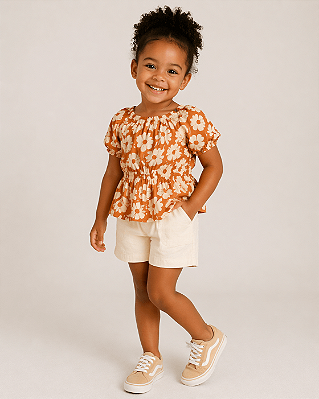 Conjunto Infantil Bata Floral Caramelo e Shorts