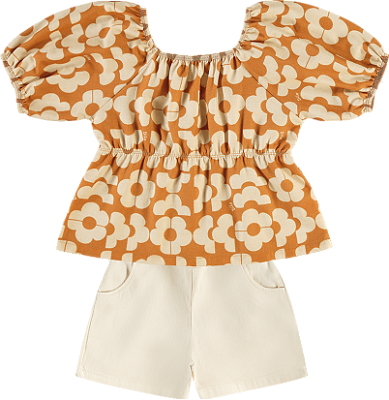 Conjunto Infantil Bata Floral Caramelo e Shorts