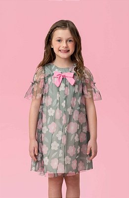 Vestido Infantil Mon Sucré Verde Tule Floral