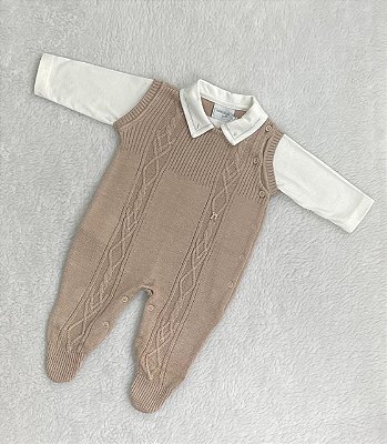 Macacão Bebê Recém Nascido Tricô com Gola