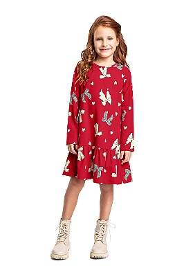 Vestido Infantil Manga Longa Estampado Vermelho