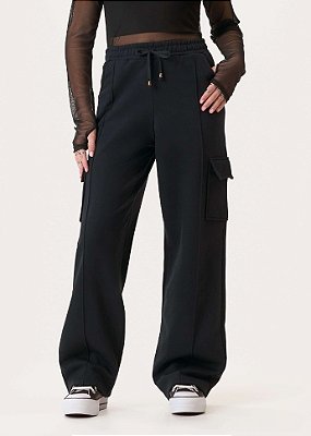 Calça Juvenil Feminina Moletom Cargo Wide Leg