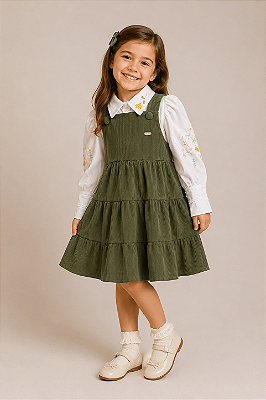 Vestido Infantil Jardineira Verde com Camisa