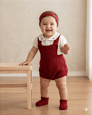 Jardineira Tricô Bebê Menina Vermelha Body