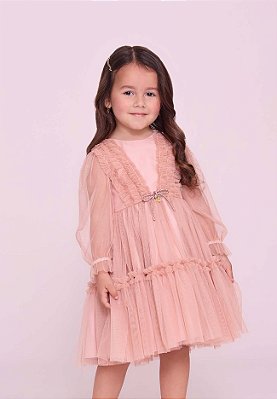 Vestido Infantil Festa Nude Tule Manga Longa