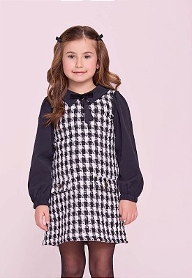 Vestido Infantil Festa Tweed Preto e Branco