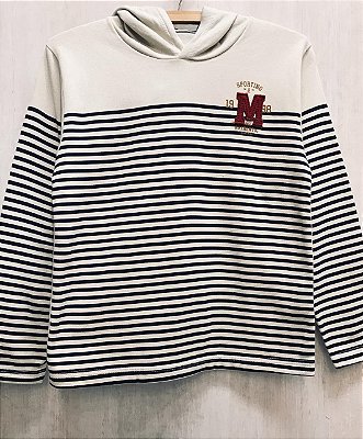 Blusa de Moletom Infantil Bege Listrado de Azul com Capuz da Biogas