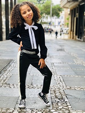 Blusa Infantil Manga Longa Cotton Preta Gola da Pituchinhus
