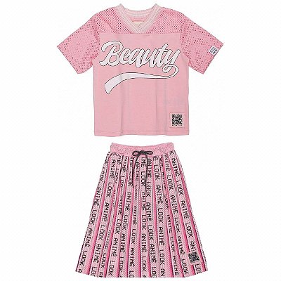 Conjunto Infantil Juvenil Rosa com Saia Shorts Tela Da Animê