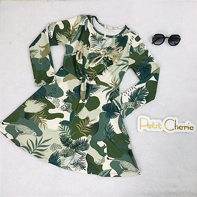 Vestido Infantil de Frio Estampado com Folhagem Verde Musgo Petit Cherie