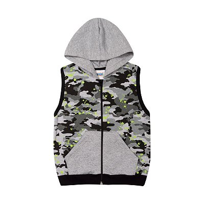 Colete Infantil Moletom Rotativo Verde Camuflado com Capuz