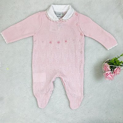 Macacão de Bebê em Tricô Rosa Linha Algodão Malharia Noruega