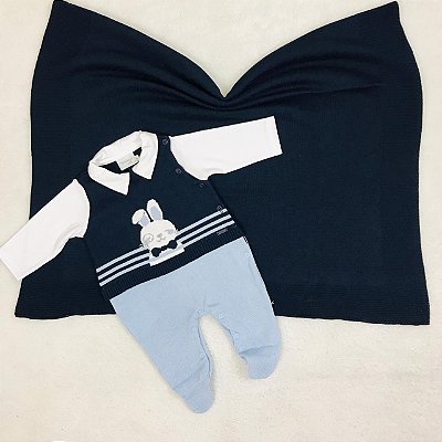 Kit de Maternidade com Manta Azul Marinho da Malharia Noruega
