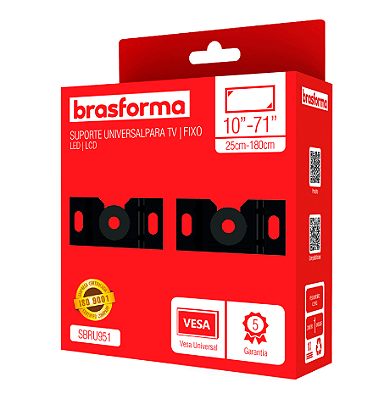 Suporte Brasforma Fixo Universal para TV LED, LCD, Plasma, 3D e Smart TV de 10 a 71 SBRU951 Preto