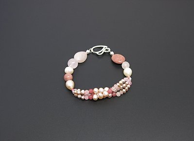 PULSEIRA EXÓTICA COM PÉROLA BIWA ROSA E RODOCROSITA