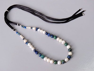 COLAR SEDA PÉROLA, LÁPIS LAZULI E TURQUESA AFRICANA