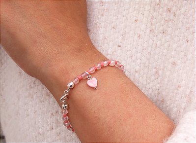 PULSEIRA QUARTZO ROSA E ÁGATA PEAU D'ANGE CORAÇÃO