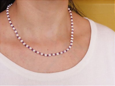 COLAR DELICADO PÉROLA E AMETISTA FACETADA PÉROLA BIWA
