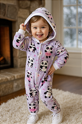 Fleece Infantil Macacão 1,2,3 anos Quentinho com Capuz - Panda
