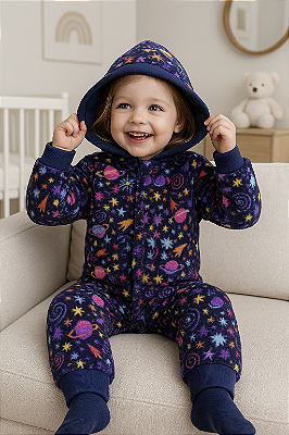 Macacão Primeiros Passos Fleece Confort Plus com Capuz - Espacial Azul
