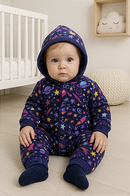 Macacão Bebê Fleece Confort Plus com Capuz - Espacial Azul