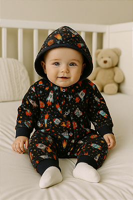 Macacão Bebê Fleece Confort Plus com Capuz - Espacial Preto
