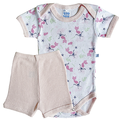 Conjunto Manga Curta Canelado Sereia Rosa Bebê