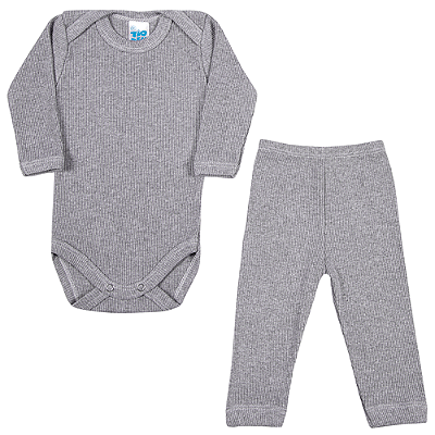 Conjunto Bebê Canelado Manga Longa Mescla