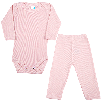 Conjunto Bebê Canelado Manga Longa Rosa Bebê