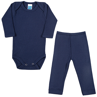 Conjunto Bebê Canelado Manga Longa Azul Marinho