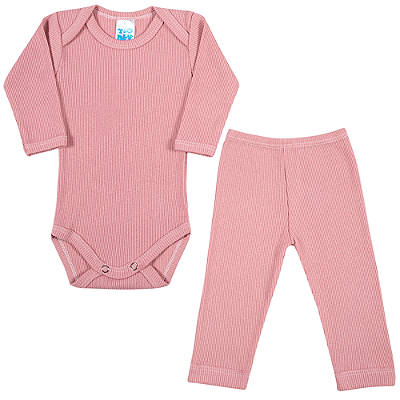 Conjunto Bebê Canelado Manga Longa Rosa Envelhecido