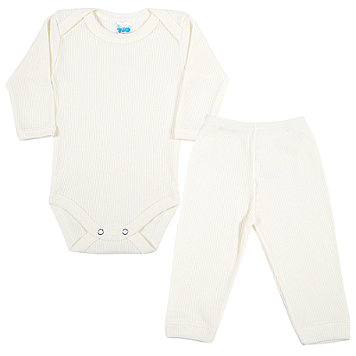 Conjunto Bebê Canelado Manga Longa Creme