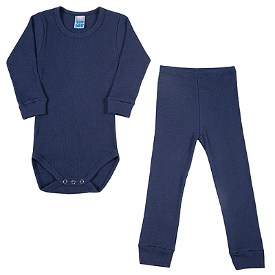 Conjunto Infantil Canelado Manga Longa Azul Marinho