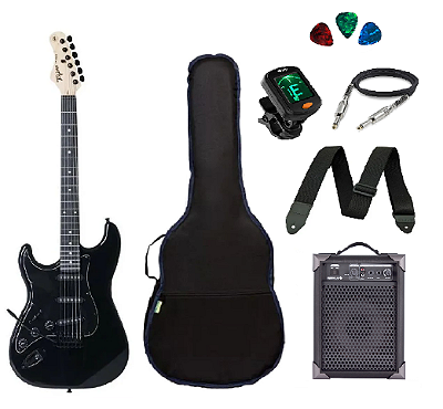 Kit Guitarra Tagima TG500 Preta para Canhoto + Amplificador
