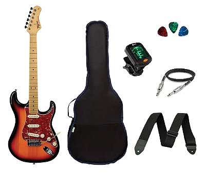 kit Guitarra Tagima TG530 Strato Sunburst Capa/ Afinador/ Correia/ Cabo/ 3 Palhetas