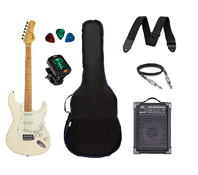 Kit Guitarra Tagima TG530 Strato Branca com Amplificador e Acessórios