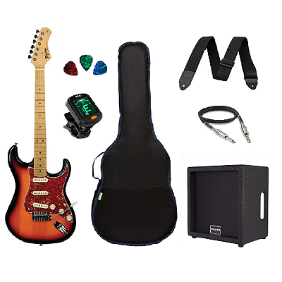 Kit Guitarra Tagima TG530 Strato Sunburst com Amplificador e Acessórios