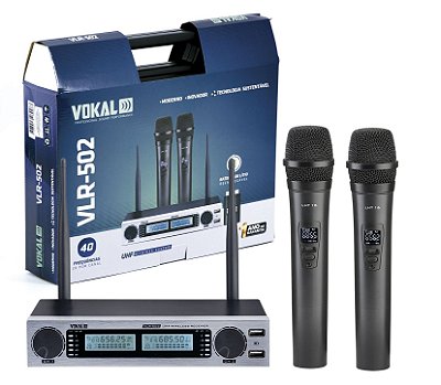 Microfone Sem Fio Vokal Duplo UHF Bateria Lithium VLR502