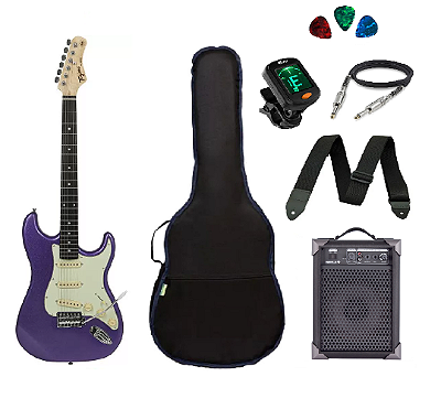 Kit Guitarra Tagima TG500 Strato Metallic Purple com Caixa Amplificada