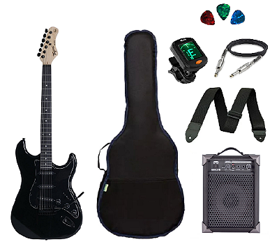 Kit Guitarra Tagima TG500 Strato Preta com Caixa Amplificada